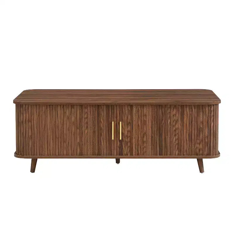 Mid-Century Modern Coffee Table with Storage, Wood Center Table with Tambour Doors & Drawer - ModernLuxe