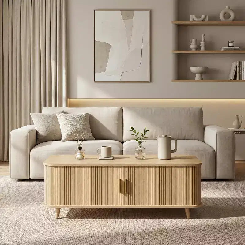 Mid-Century Modern Coffee Table with Storage, Wood Center Table with Tambour Doors & Drawer - ModernLuxe