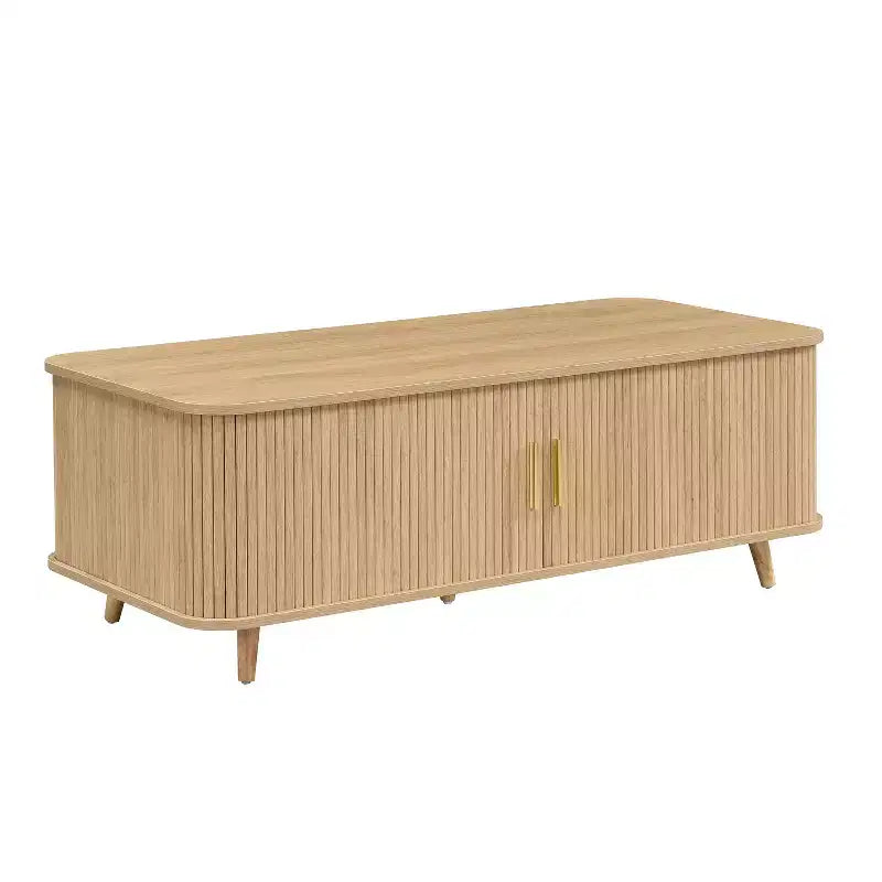 Mid-Century Modern Coffee Table with Storage, Wood Center Table with Tambour Doors & Drawer - ModernLuxe