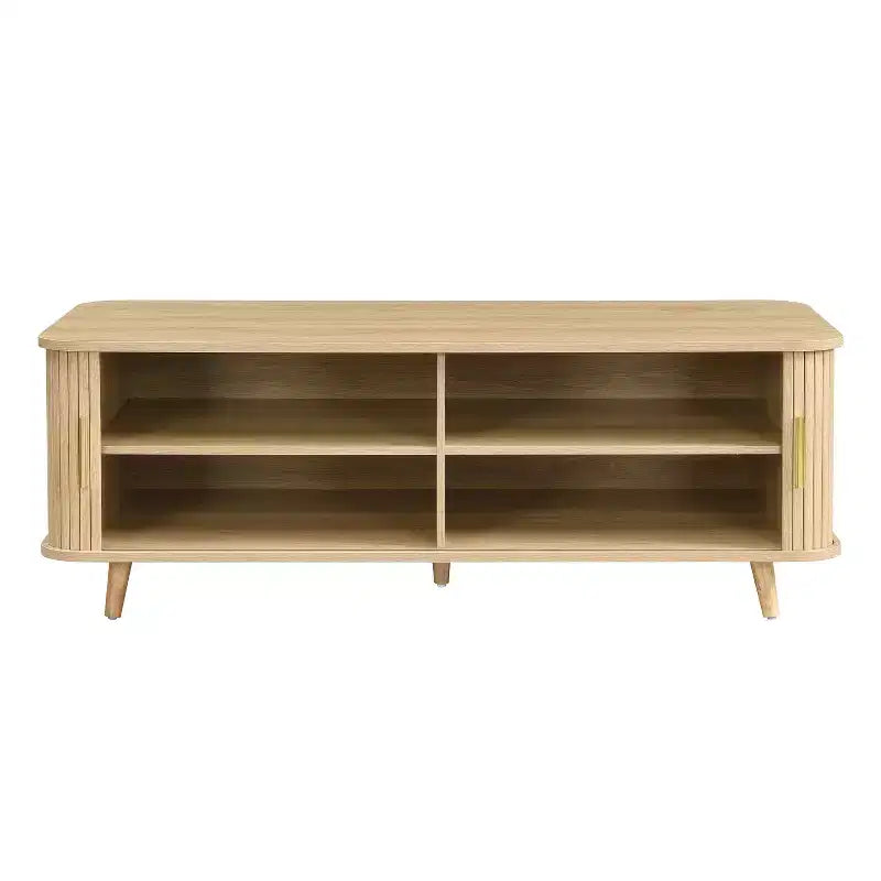 Mid-Century Modern Coffee Table with Storage, Wood Center Table with Tambour Doors & Drawer - ModernLuxe