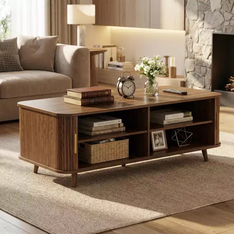 Mid-Century Modern Coffee Table with Storage, Wood Center Table with Tambour Doors & Drawer - ModernLuxe