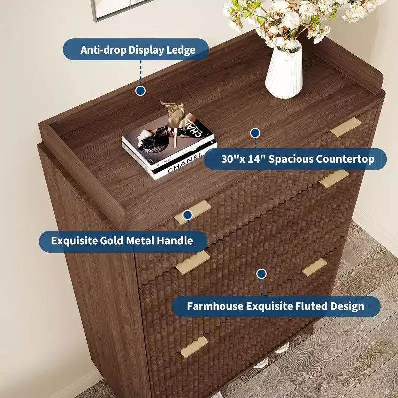 Acekool 48 Fluted Wood Shoe Cabinet with 2 Flip Drawers & Top Drawer Narrow Entryway Organizer for Hallway