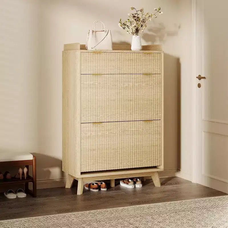 Acekool 48 Fluted Wood Shoe Cabinet with 2 Flip Drawers & Top Drawer Narrow Entryway Organizer for Hallway