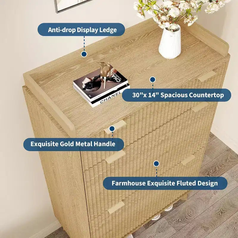 Acekool 48 Fluted Wood Shoe Cabinet with 2 Flip Drawers & Top Drawer Narrow Entryway Organizer for Hallway