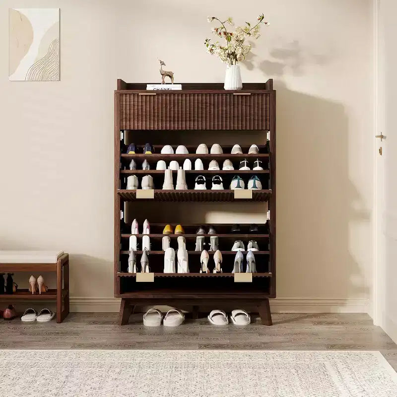 Acekool 48 Fluted Wood Shoe Cabinet with 2 Flip Drawers & Top Drawer Narrow Entryway Organizer for Hallway