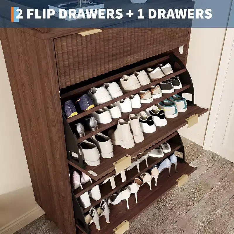 Acekool 48 Fluted Wood Shoe Cabinet with 2 Flip Drawers & Top Drawer Narrow Entryway Organizer for Hallway