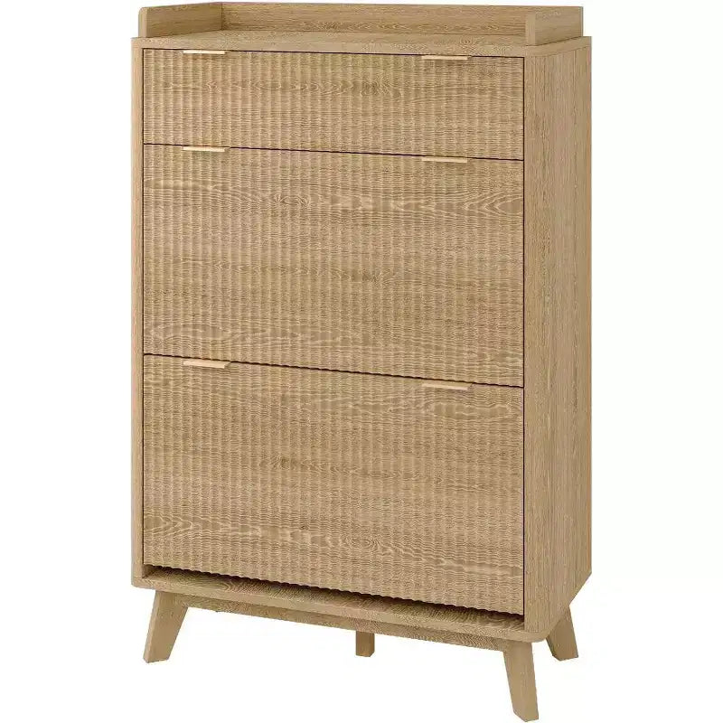 Acekool 48 Fluted Wood Shoe Cabinet with 2 Flip Drawers & Top Drawer Narrow Entryway Organizer for Hallway