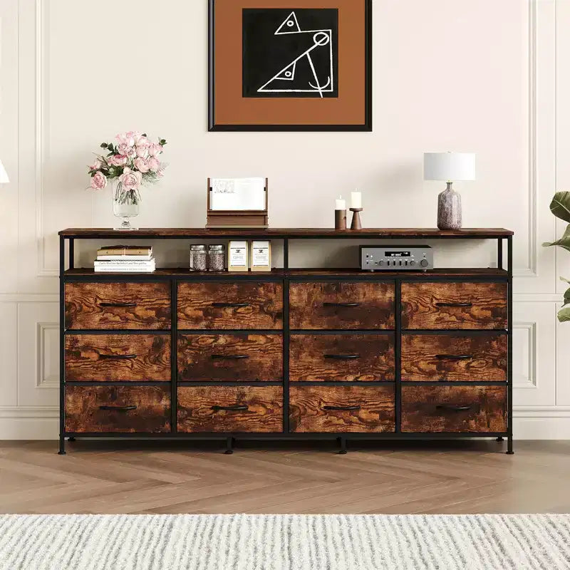 Acekool Bedroom Living Room 63 Inch 12 Drawer Long Dresser TV Stand, Fabric Steel Entertainment Center with Open Shelf, Multiple Colors