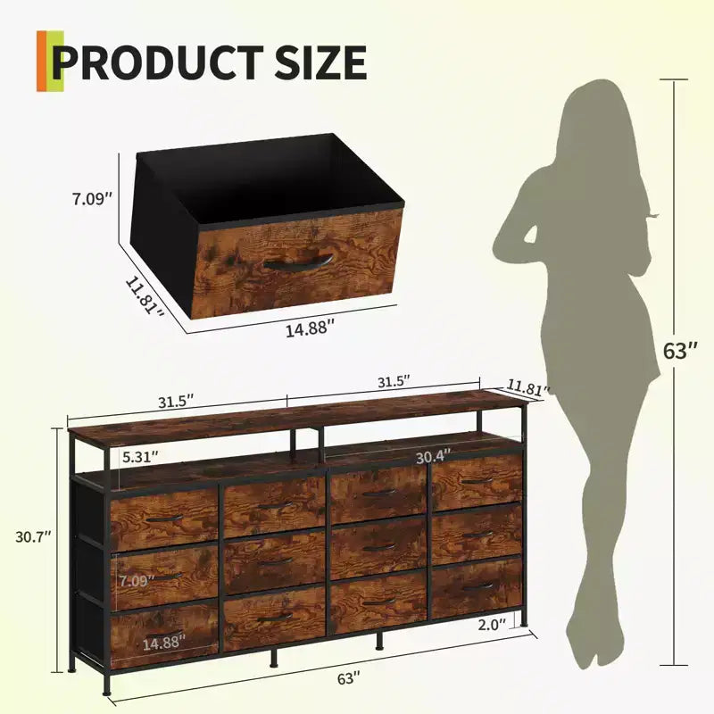 Acekool Bedroom Living Room 63 Inch 12 Drawer Long Dresser TV Stand, Fabric Steel Entertainment Center with Open Shelf, Multiple Colors