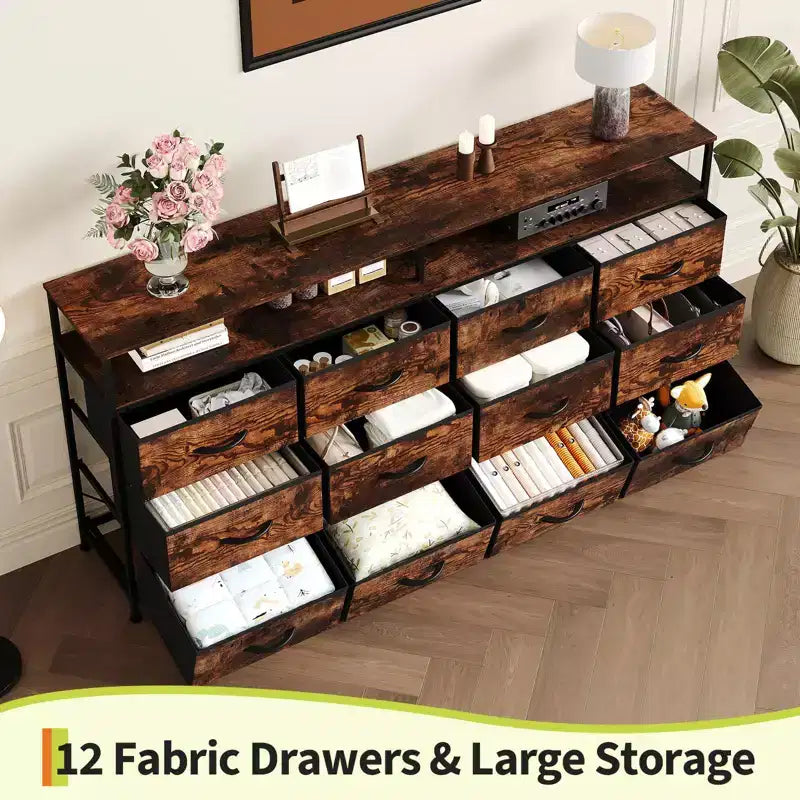 Acekool Bedroom Living Room 63 Inch 12 Drawer Long Dresser TV Stand, Fabric Steel Entertainment Center with Open Shelf, Multiple Colors