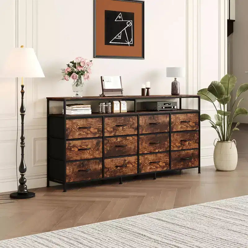 Acekool Bedroom Living Room 63 Inch 12 Drawer Long Dresser TV Stand, Fabric Steel Entertainment Center with Open Shelf, Multiple Colors