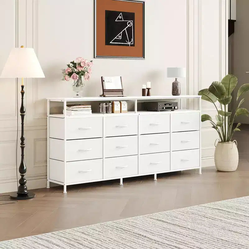 Acekool Bedroom Living Room 63 Inch 12 Drawer Long Dresser TV Stand, Fabric Steel Entertainment Center with Open Shelf, Multiple Colors