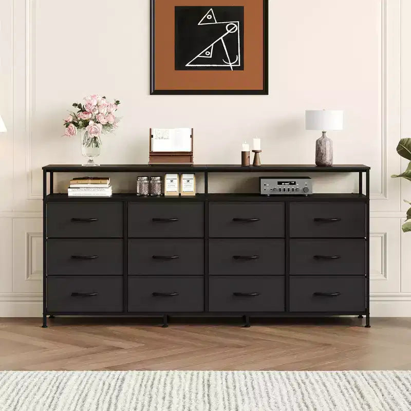 Acekool Bedroom Living Room 63 Inch 12 Drawer Long Dresser TV Stand, Fabric Steel Entertainment Center with Open Shelf, Multiple Colors