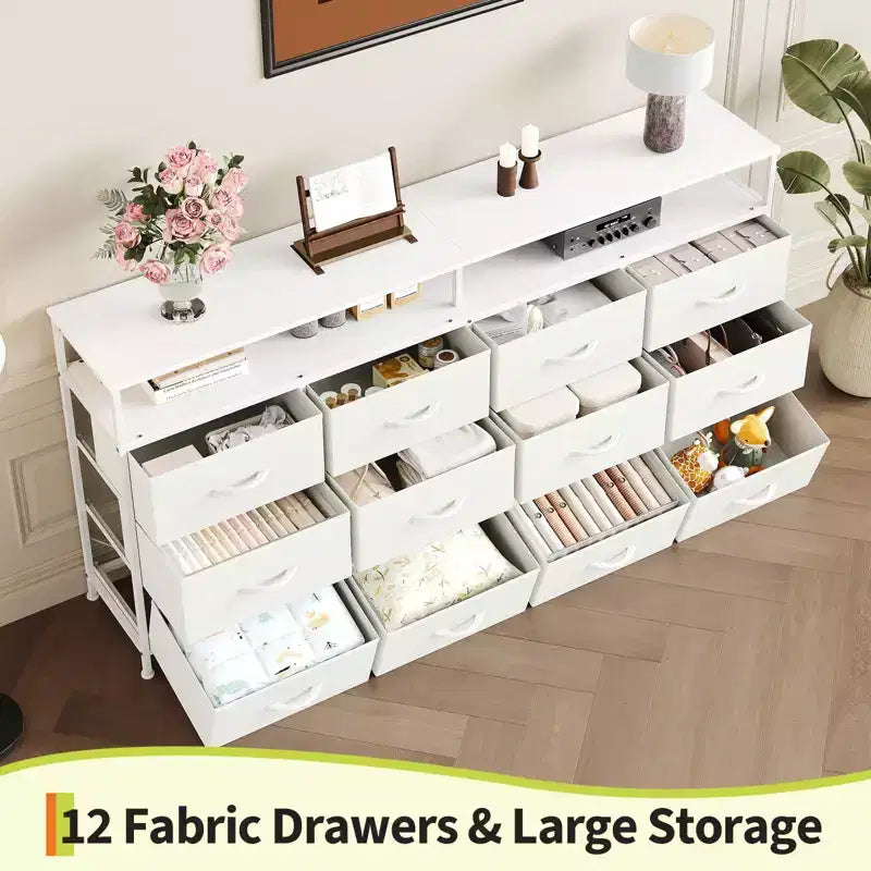 Acekool Bedroom Living Room 63 Inch 12 Drawer Long Dresser TV Stand, Fabric Steel Entertainment Center with Open Shelf, Multiple Colors