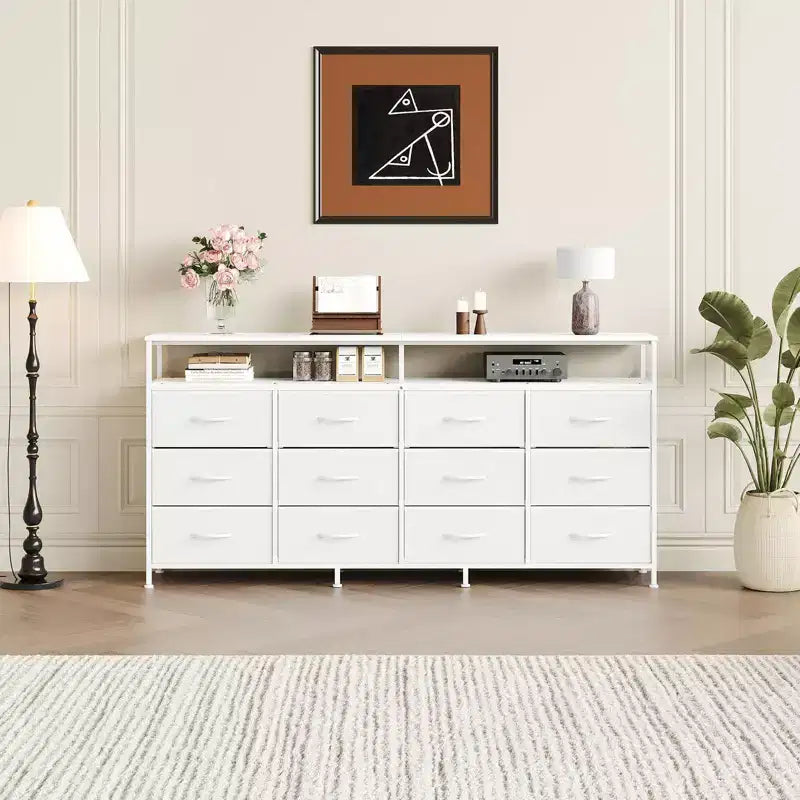 Acekool Bedroom Living Room 63 Inch 12 Drawer Long Dresser TV Stand, Fabric Steel Entertainment Center with Open Shelf, Multiple Colors