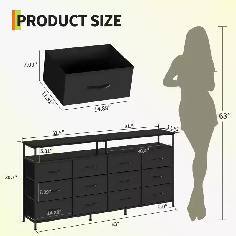 Acekool Bedroom Living Room 63 Inch 12 Drawer Long Dresser TV Stand, Fabric Steel Entertainment Center with Open Shelf, Multiple Colors