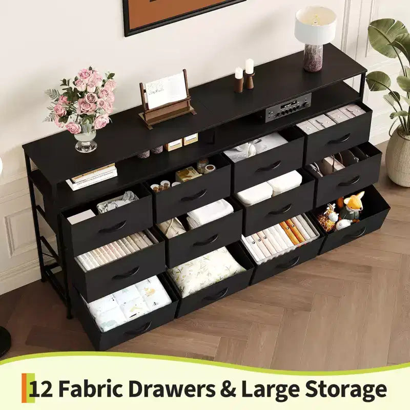 Acekool Bedroom Living Room 63 Inch 12 Drawer Long Dresser TV Stand, Fabric Steel Entertainment Center with Open Shelf, Multiple Colors
