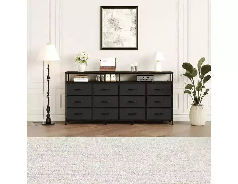 Acekool Bedroom Living Room 63 Inch 12 Drawer Long Dresser TV Stand, Fabric Steel Entertainment Center with Open Shelf, Multiple Colors