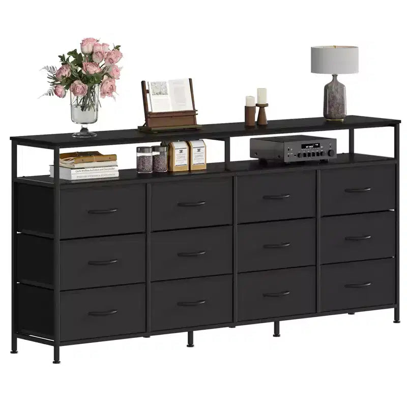 Acekool Bedroom Living Room 63 Inch 12 Drawer Long Dresser TV Stand, Fabric Steel Entertainment Center with Open Shelf, Multiple Colors
