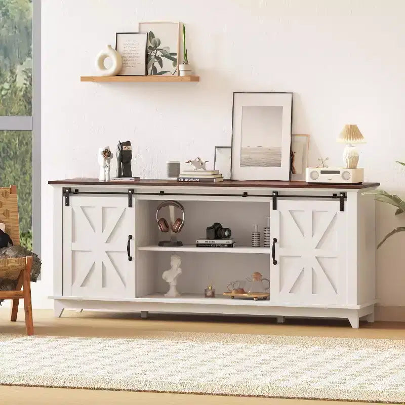 Farmhouse TV Stand for 75 Inch TVWood Entertainment Center with Barn Doors,Adjustable Shelves & Storage Cabinets,Media Console Table for Living Room