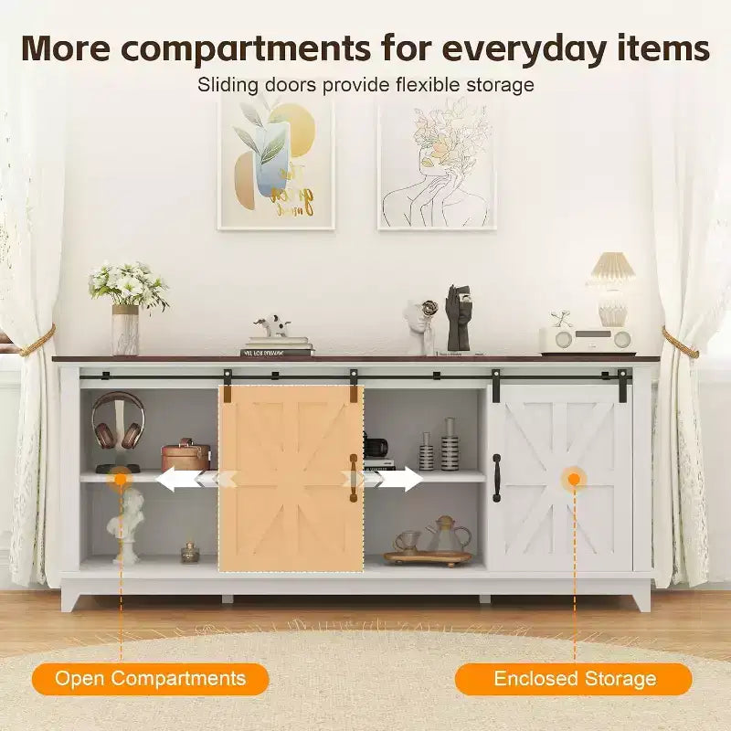 Farmhouse TV Stand for 75 Inch TVWood Entertainment Center with Barn Doors,Adjustable Shelves & Storage Cabinets,Media Console Table for Living Room