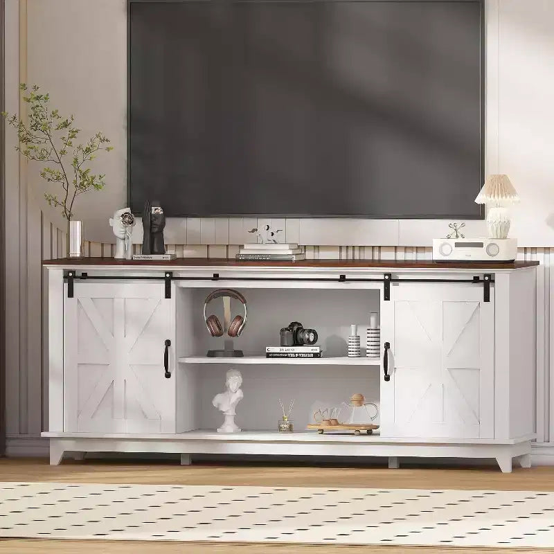 Farmhouse TV Stand for 75 Inch TVWood Entertainment Center with Barn Doors,Adjustable Shelves & Storage Cabinets,Media Console Table for Living Room