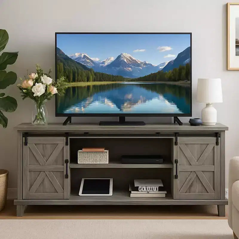Farmhouse TV Stand for 75 Inch TVWood Entertainment Center with Barn Doors,Adjustable Shelves & Storage Cabinets,Media Console Table for Living Room