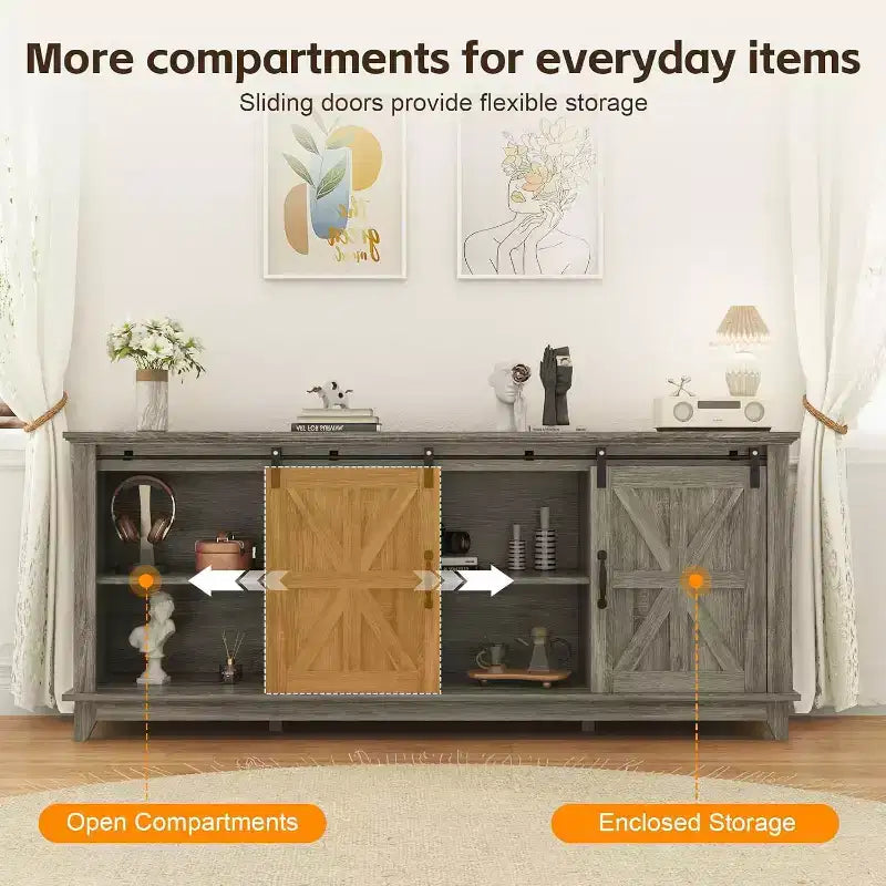 Farmhouse TV Stand for 75 Inch TVWood Entertainment Center with Barn Doors,Adjustable Shelves & Storage Cabinets,Media Console Table for Living Room