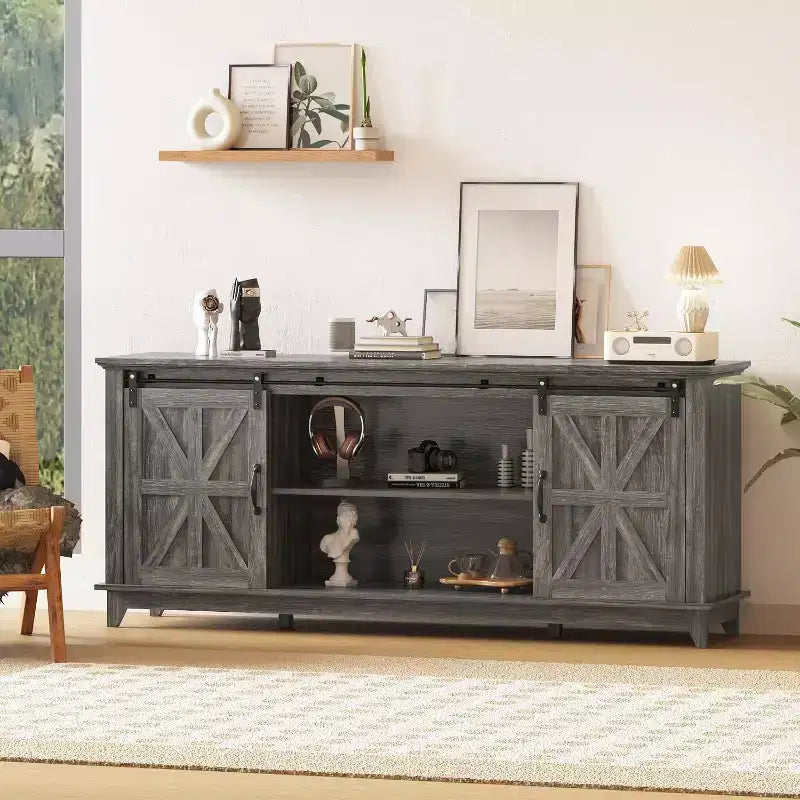 Farmhouse TV Stand for 75 Inch TVWood Entertainment Center with Barn Doors,Adjustable Shelves & Storage Cabinets,Media Console Table for Living Room