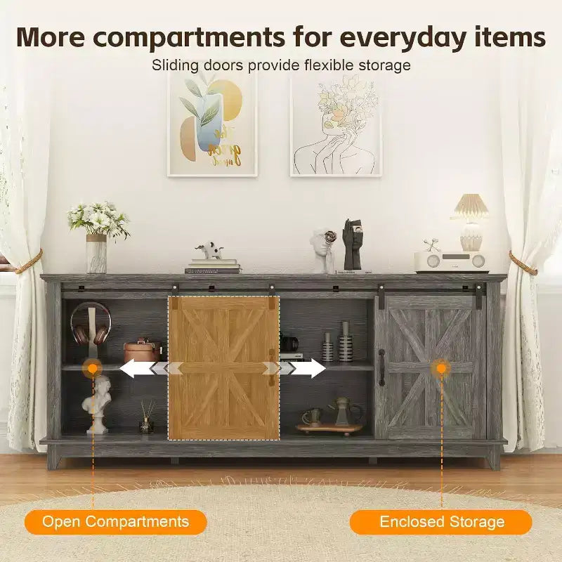 Farmhouse TV Stand for 75 Inch TVWood Entertainment Center with Barn Doors,Adjustable Shelves & Storage Cabinets,Media Console Table for Living Room