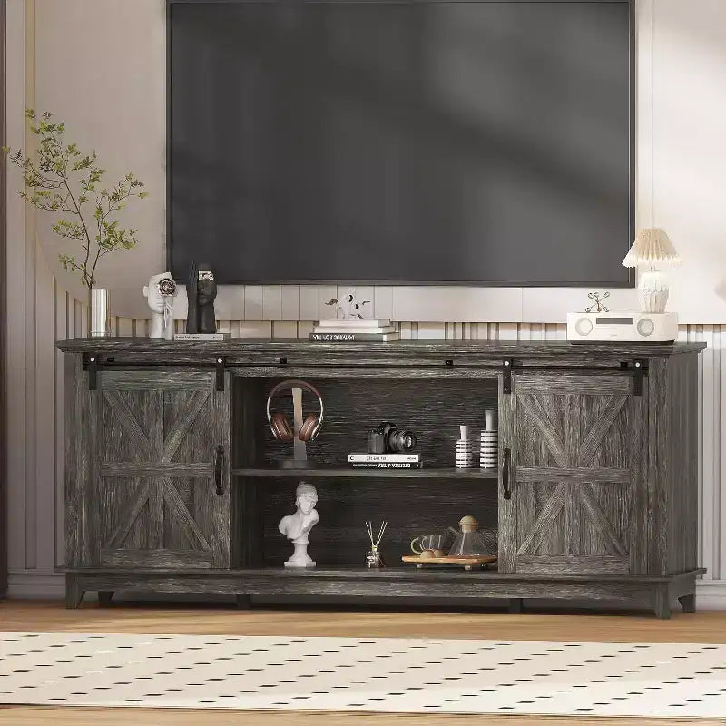 Farmhouse TV Stand for 75 Inch TVWood Entertainment Center with Barn Doors,Adjustable Shelves & Storage Cabinets,Media Console Table for Living Room