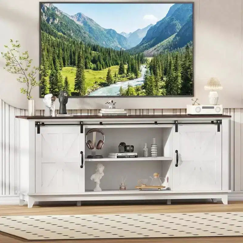 Farmhouse TV Stand for 75 Inch TVWood Entertainment Center with Barn Doors,Adjustable Shelves & Storage Cabinets,Media Console Table for Living Room