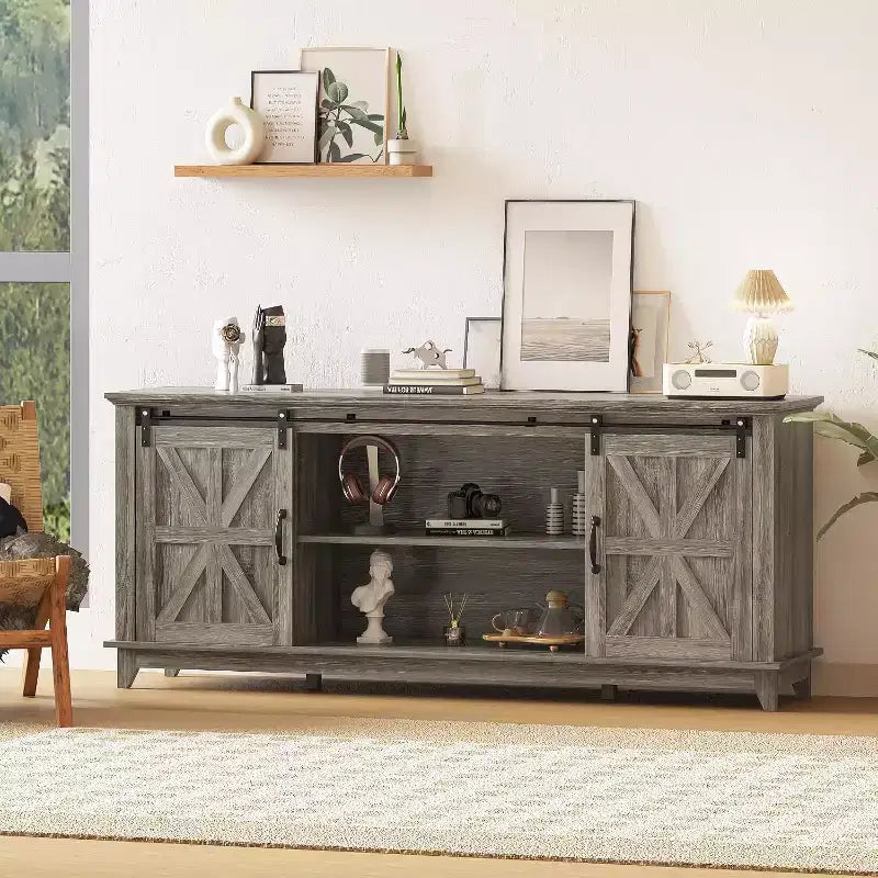 Farmhouse TV Stand for 75 Inch TVWood Entertainment Center with Barn Doors,Adjustable Shelves & Storage Cabinets,Media Console Table for Living Room