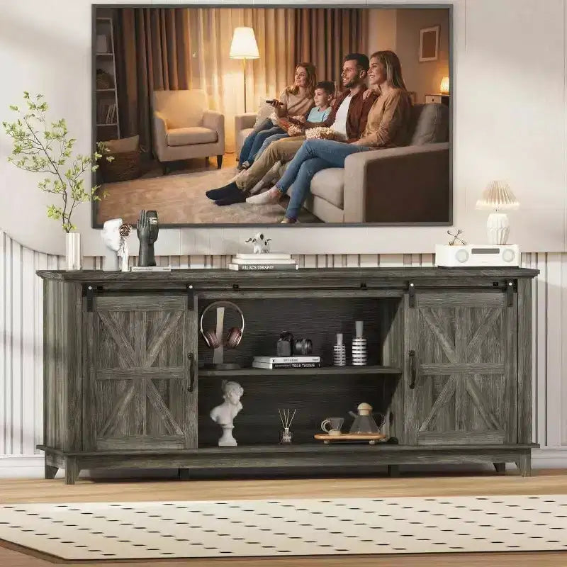 Farmhouse TV Stand for 75 Inch TVWood Entertainment Center with Barn Doors,Adjustable Shelves & Storage Cabinets,Media Console Table for Living Room