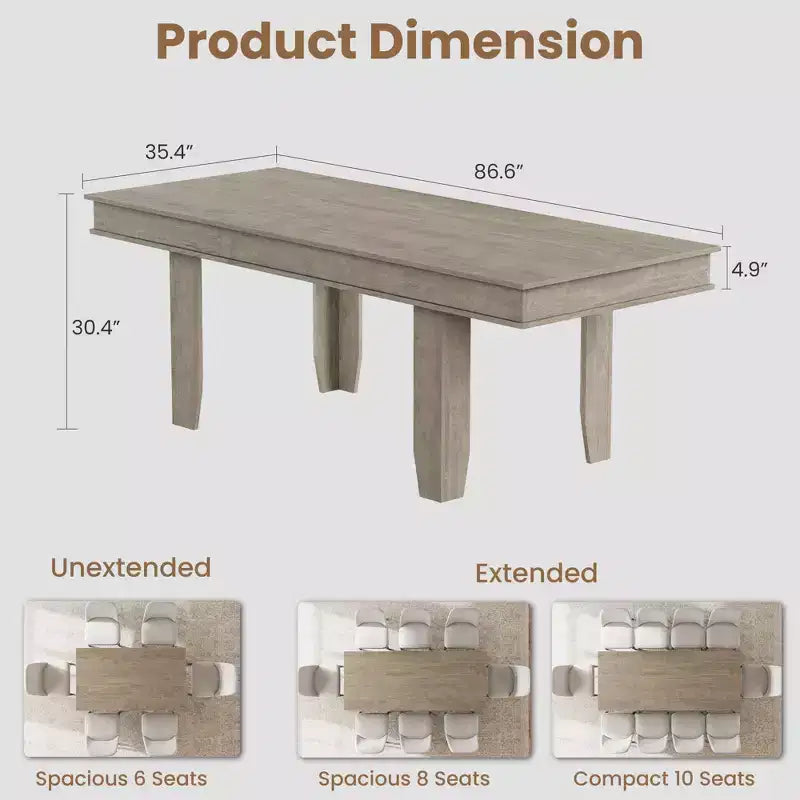 GustoWave 63-86.6 Extendable Dining Table for 6-10, Farmhouse Rectangular Kitchen Table with Sturdy Wood Frame, Large Dining Room Table