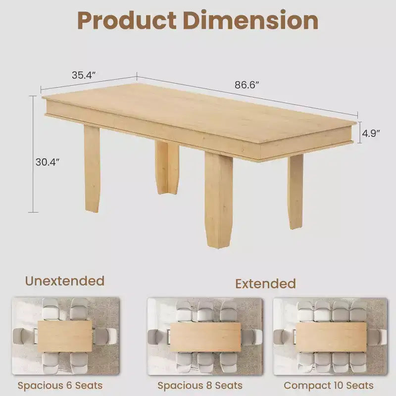 GustoWave 63-86.6 Extendable Dining Table for 6-10, Farmhouse Rectangular Kitchen Table with Sturdy Wood Frame, Large Dining Room Table