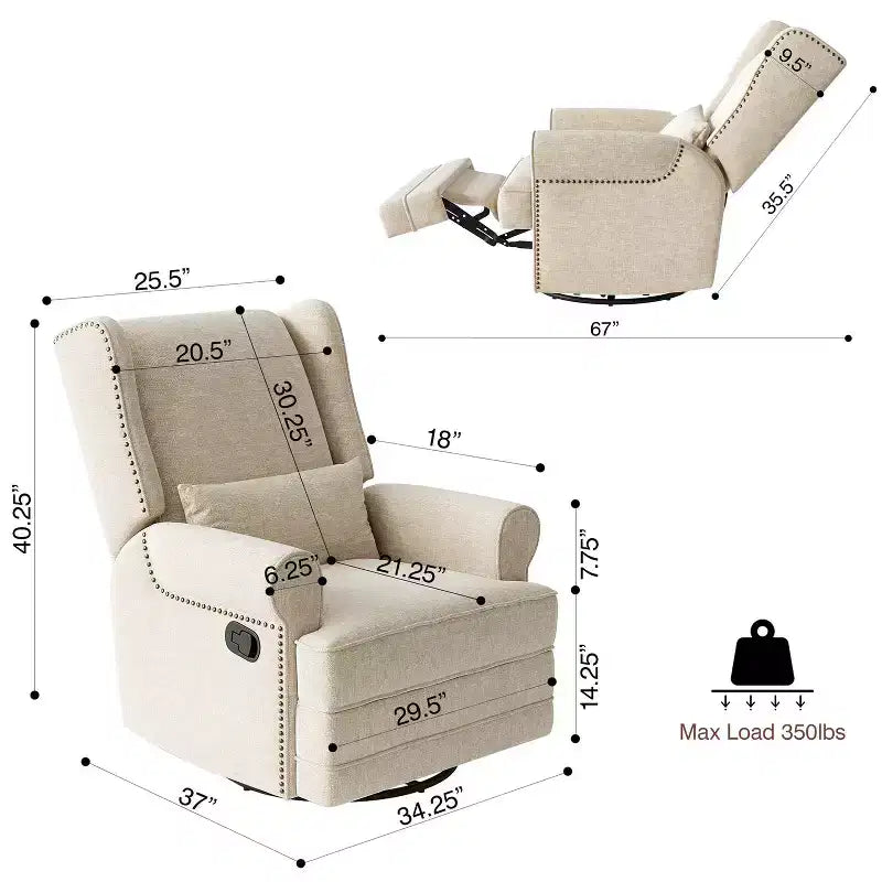 Swivel Rocker Recliner Chair with Ottoman Footrest, Glider Rocking Chair with Lumbar Support, Upholstered Nursery Chair for Bedroom Living Room