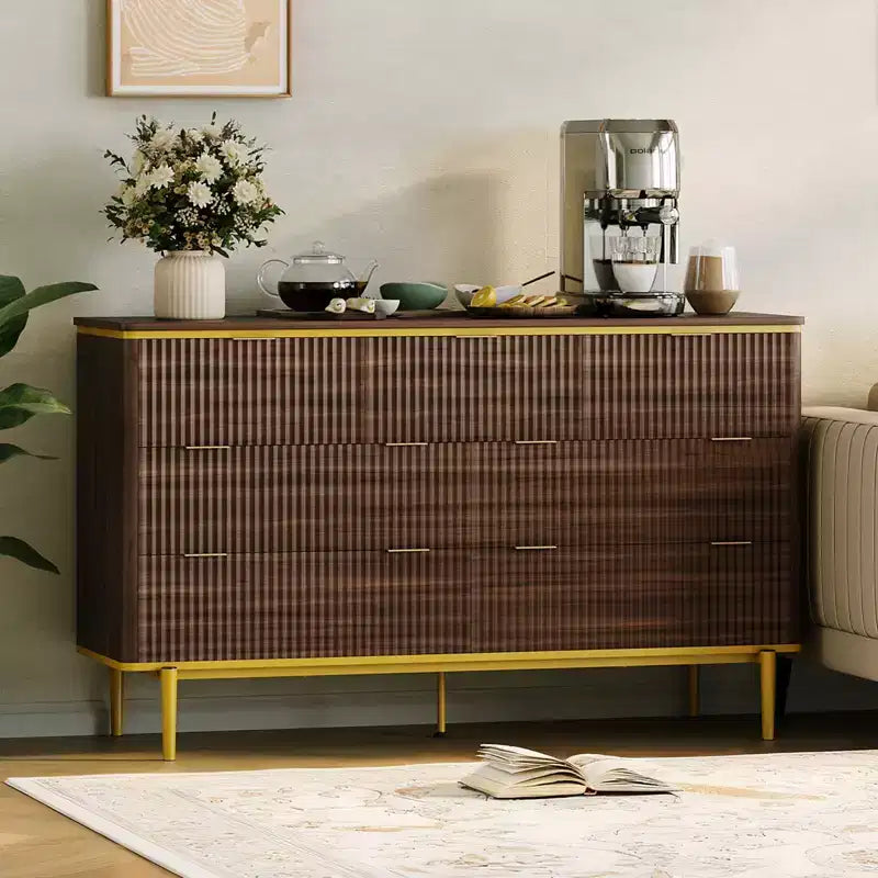 54in Wide Fluted 7 Drawer Dresser, Bedroom Storage Organizer with Gold Metal Handles and Curved Profile Design, Versatile Cabinet for Living Room