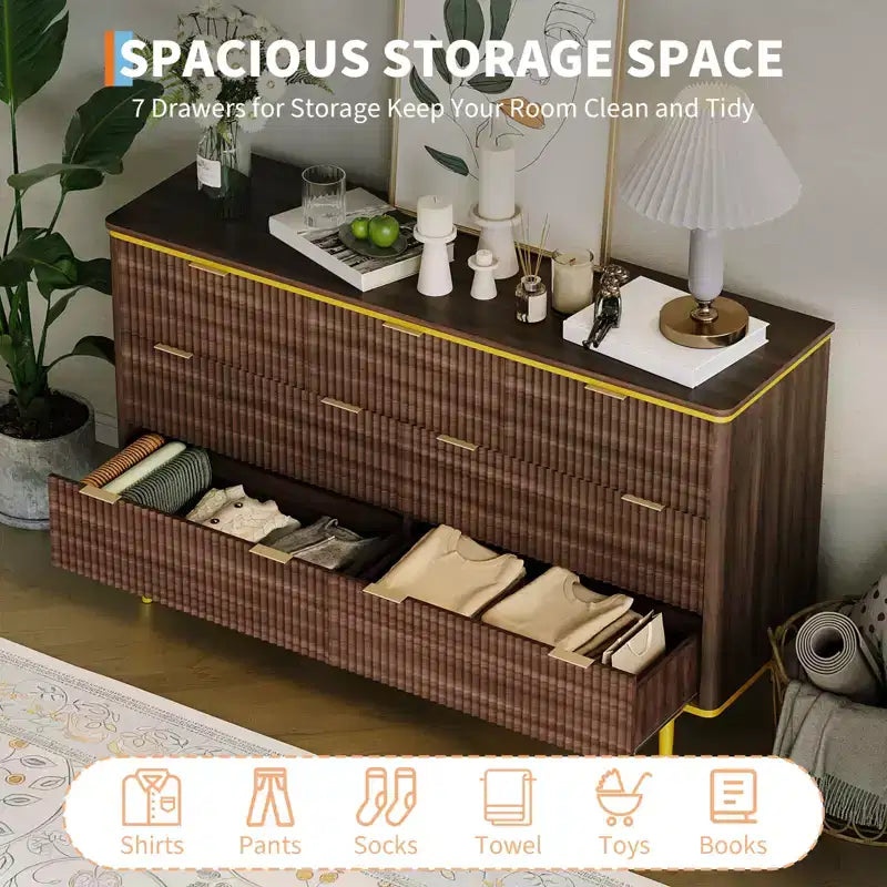 54in Wide Fluted 7 Drawer Dresser, Bedroom Storage Organizer with Gold Metal Handles and Curved Profile Design, Versatile Cabinet for Living Room