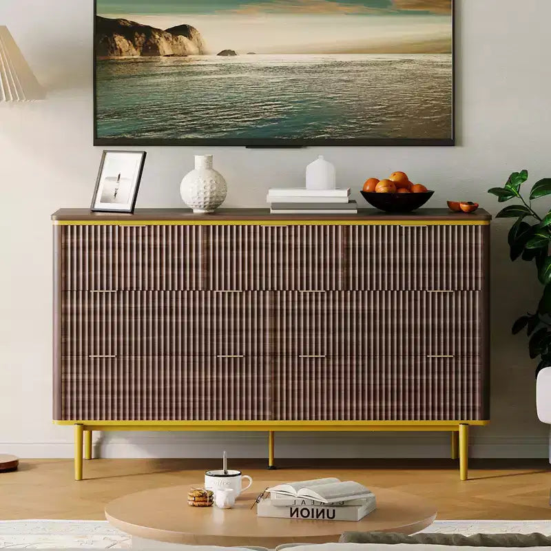 54in Wide Fluted 7 Drawer Dresser, Bedroom Storage Organizer with Gold Metal Handles and Curved Profile Design, Versatile Cabinet for Living Room