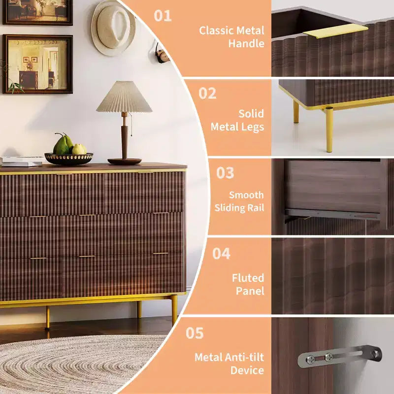 54in Wide Fluted 7 Drawer Dresser, Bedroom Storage Organizer with Gold Metal Handles and Curved Profile Design, Versatile Cabinet for Living Room