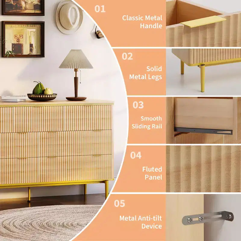 54in Wide Fluted 7 Drawer Dresser, Bedroom Storage Organizer with Gold Metal Handles and Curved Profile Design, Versatile Cabinet for Living Room