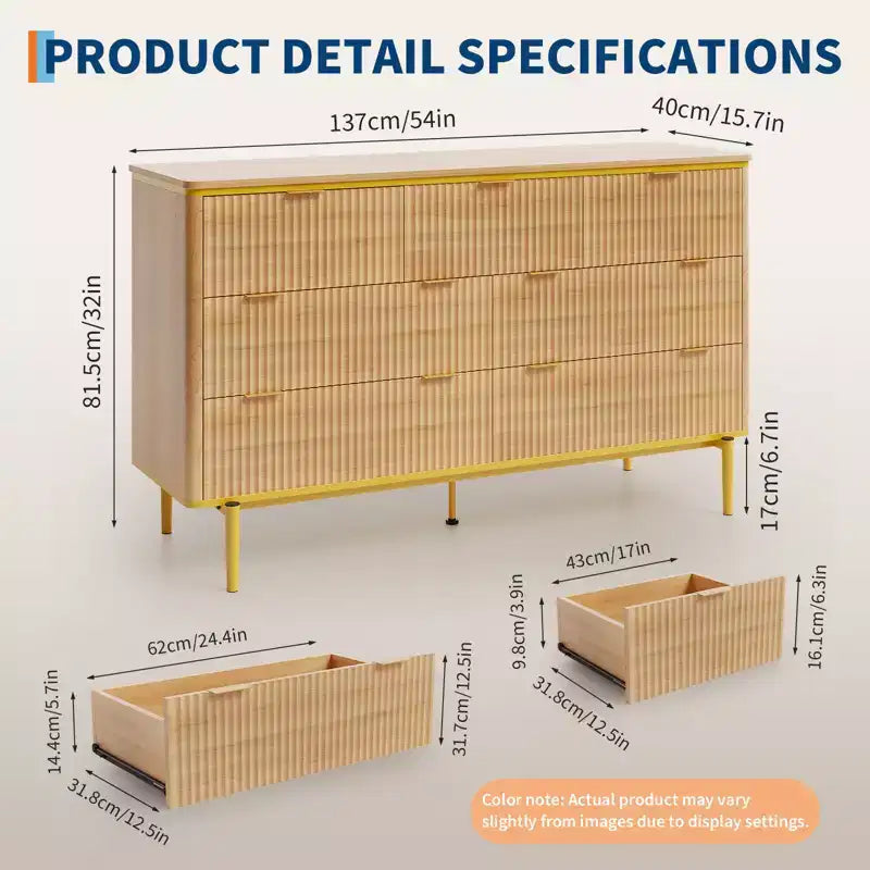 54in Wide Fluted 7 Drawer Dresser, Bedroom Storage Organizer with Gold Metal Handles and Curved Profile Design, Versatile Cabinet for Living Room
