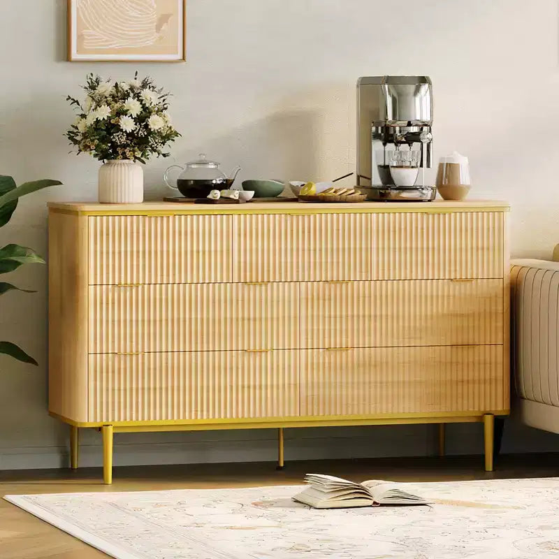 54in Wide Fluted 7 Drawer Dresser, Bedroom Storage Organizer with Gold Metal Handles and Curved Profile Design, Versatile Cabinet for Living Room