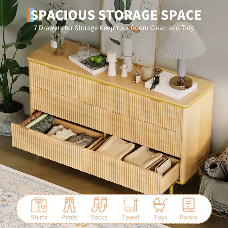 54in Wide Fluted 7 Drawer Dresser, Bedroom Storage Organizer with Gold Metal Handles and Curved Profile Design, Versatile Cabinet for Living Room