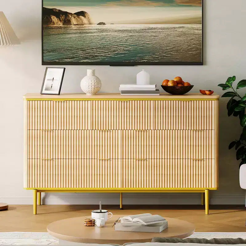 54in Wide Fluted 7 Drawer Dresser, Bedroom Storage Organizer with Gold Metal Handles and Curved Profile Design, Versatile Cabinet for Living Room