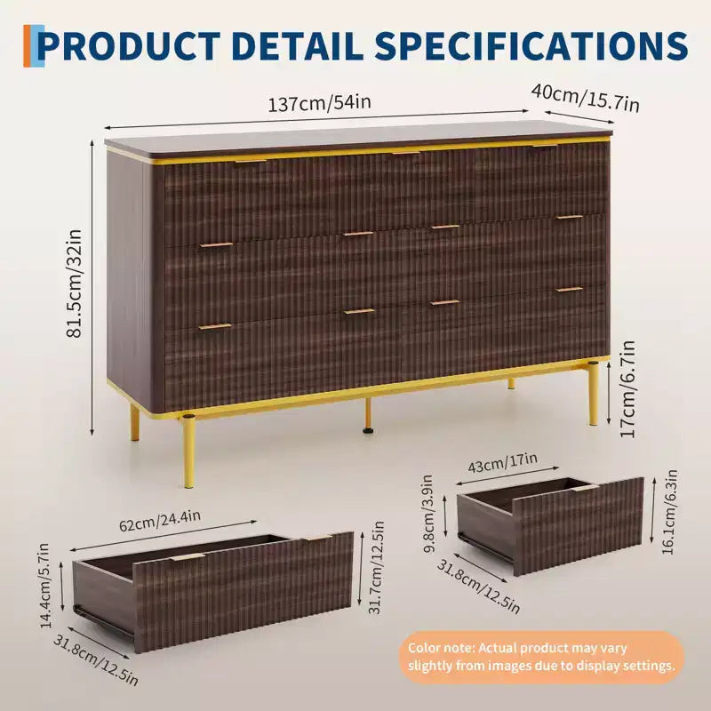 54in Wide Fluted 7 Drawer Dresser, Bedroom Storage Organizer with Gold Metal Handles and Curved Profile Design, Versatile Cabinet for Living Room
