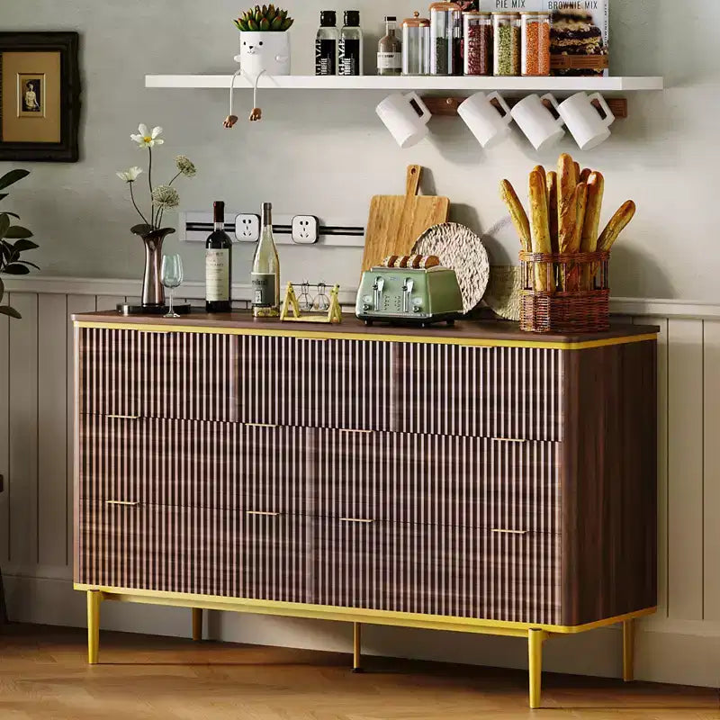 54in Wide Fluted 7 Drawer Dresser, Bedroom Storage Organizer with Gold Metal Handles and Curved Profile Design, Versatile Cabinet for Living Room
