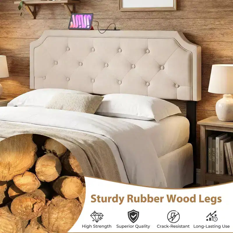 Costway Headboard for Queen & Full Size Bed,Tufted/Geometric/Rivet Tufted Upholstered Head Board with 2 AC Outlets Beige/Gray