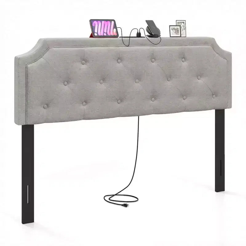 Costway Headboard for Queen & Full Size Bed,Tufted/Geometric/Rivet Tufted Upholstered Head Board with 2 AC Outlets Beige/Gray